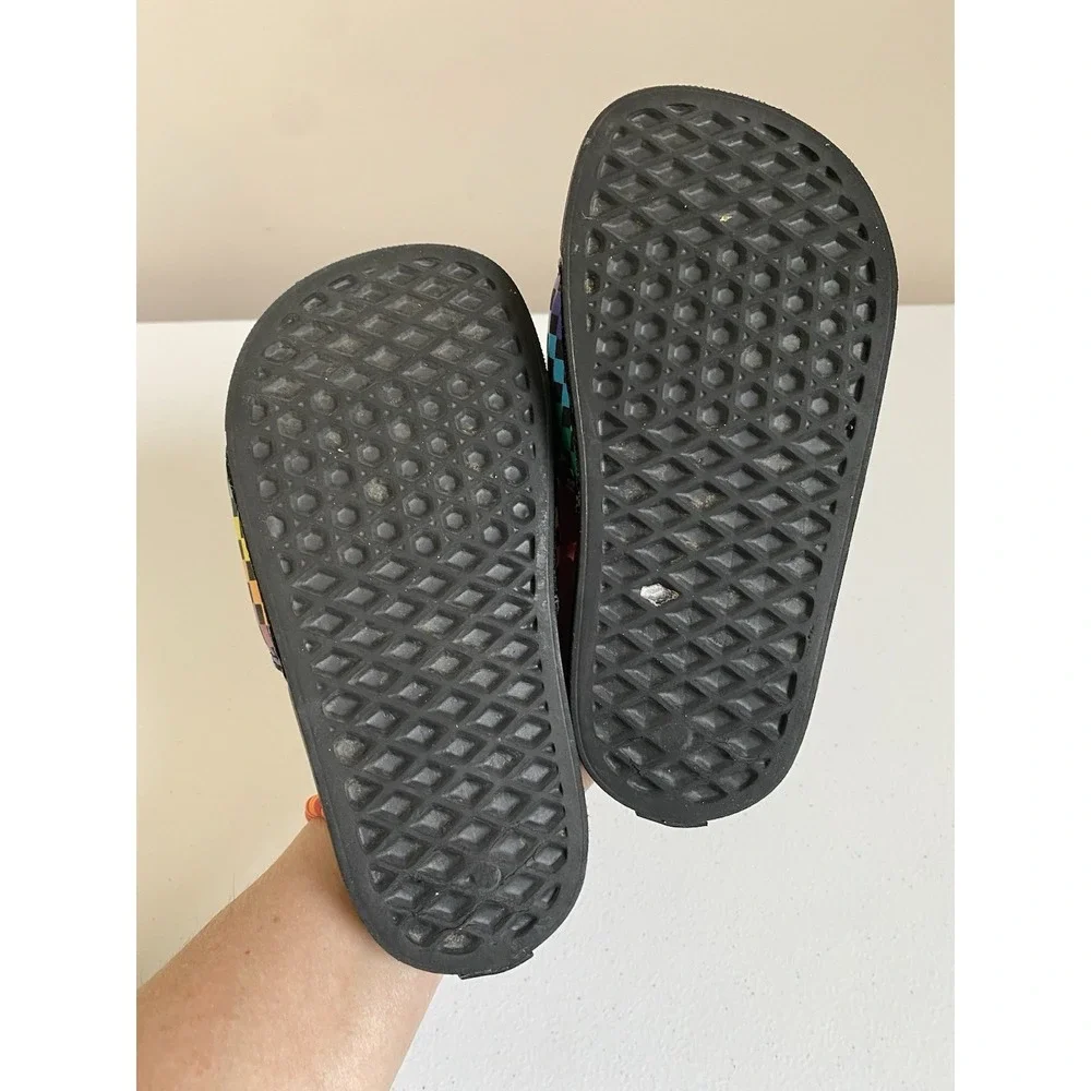 Vans Kids Unisex Slides Sandals Black Rainbow Checkerboard Size 13 Padded Retro‎